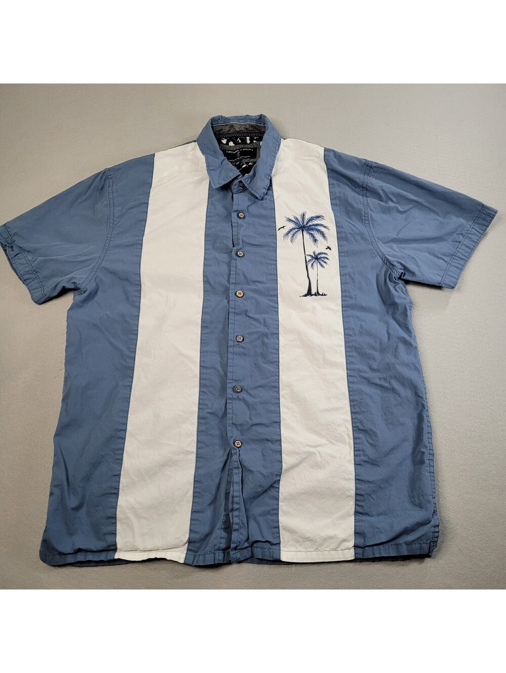 Nickel & Iron Men’s Large Bowling Shirt Blue White Vertical Panel Palm Tree Retr